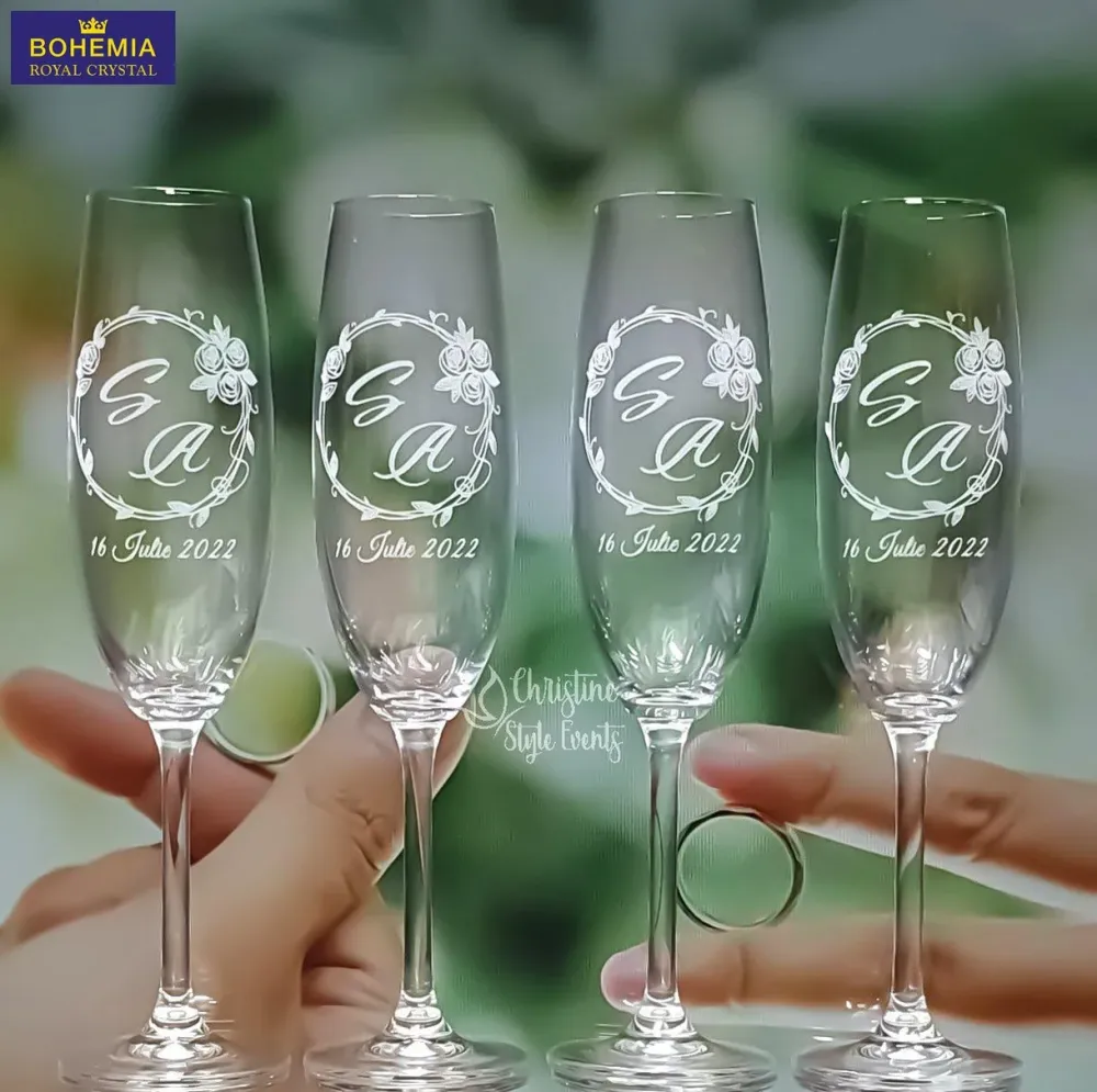 Pahare miri şi naşi gravate din cristal pentru șampanie