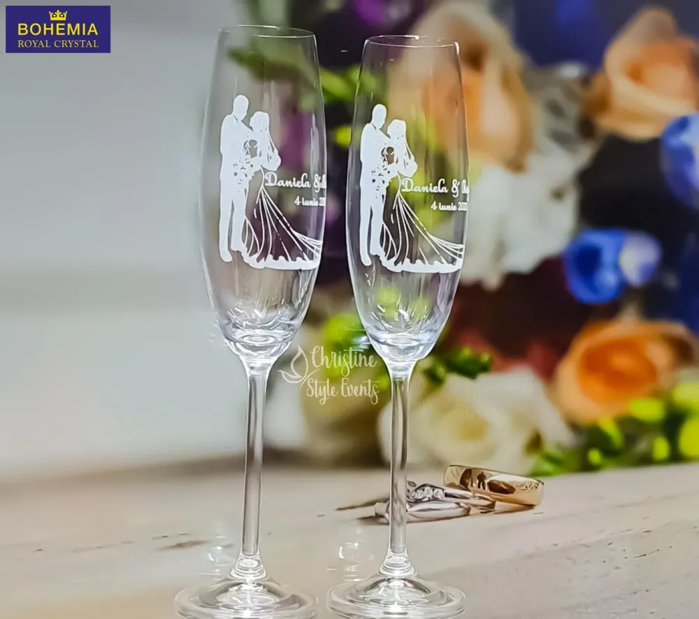 Set 2 pahare gravate mire mireasă personalizate cu design elegant