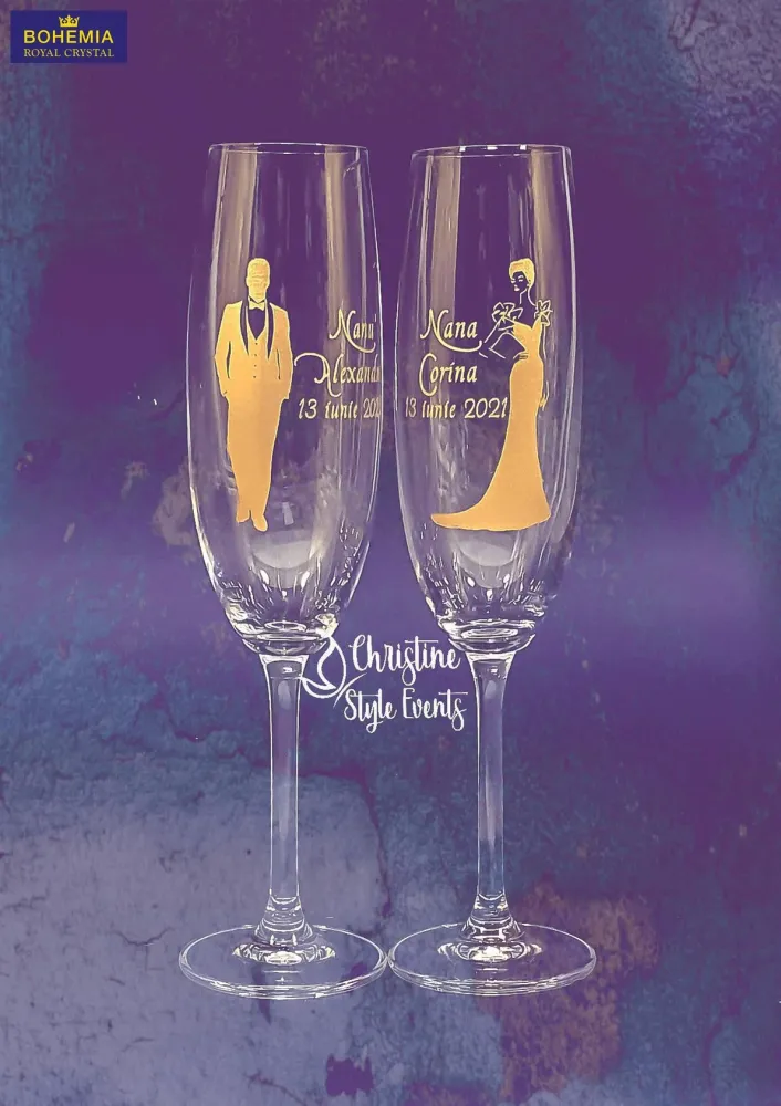 Set 2 pahare gravate pentru naşi Antique Gold