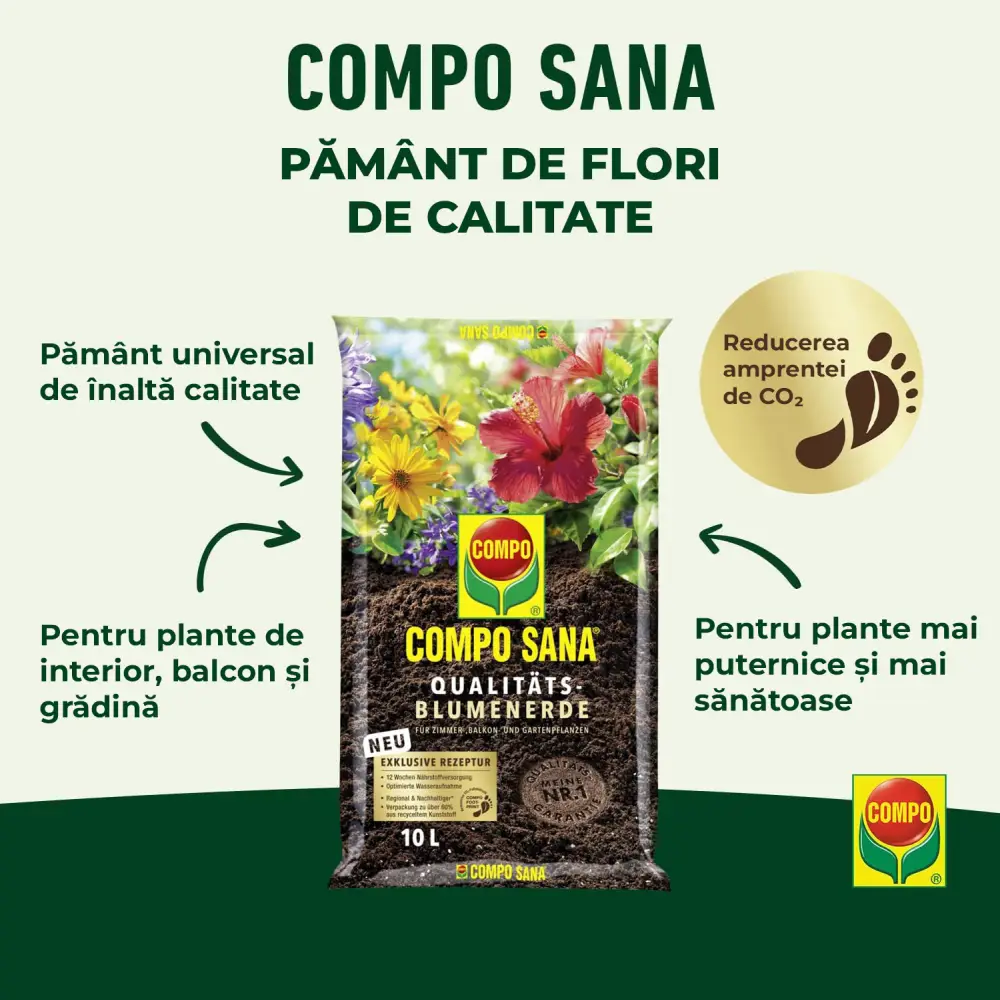 Pamant Compo Sana pentru flori de balcon si gradina 10 litri cu fertilizare 12 saptamani