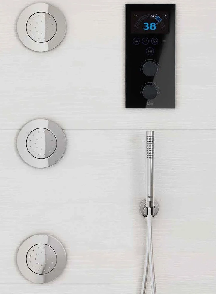 Panel dus cu hidromasaj si termostat Roca Smart Shower, cu baterie electronica si 3 duze hidromasaj