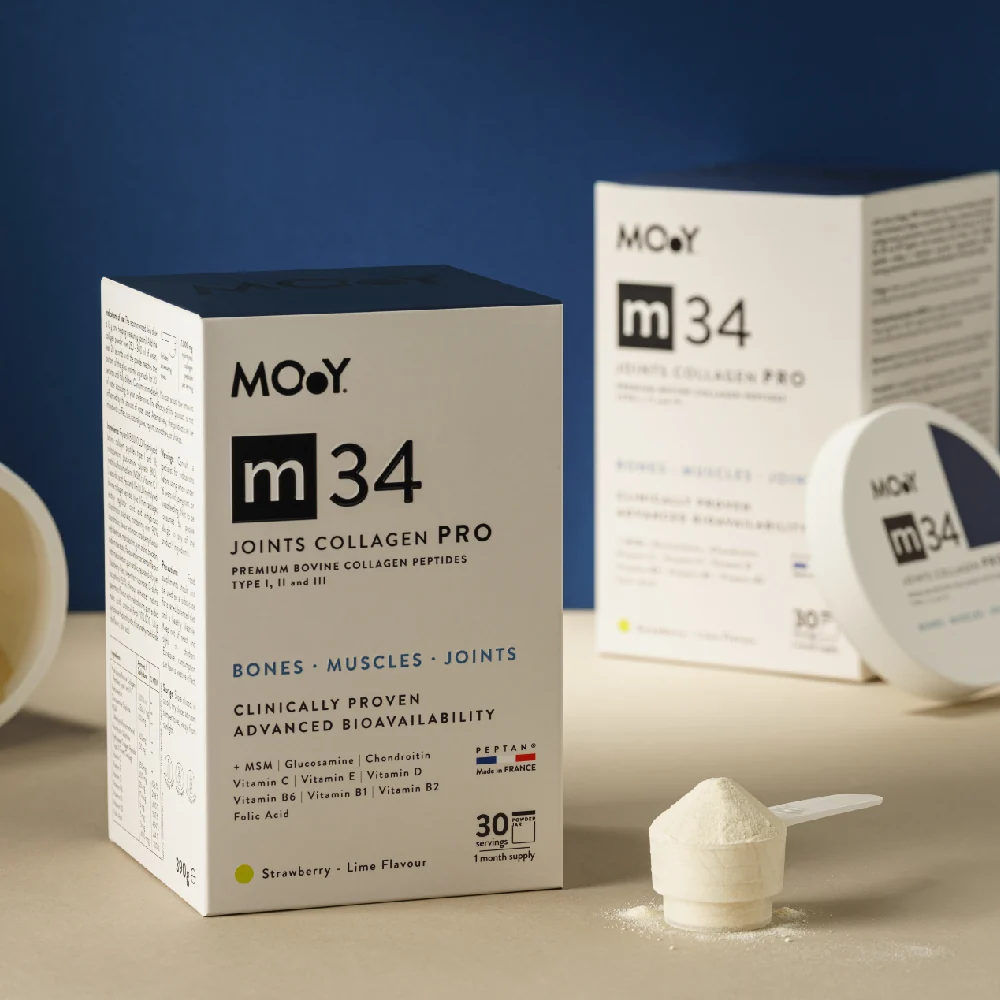m34 PRO Colagen hidrolizat bovin premium, dovedit clinic, articulatii, 7.000mg tip I, II si III, aroma capsuni si lime, 30...