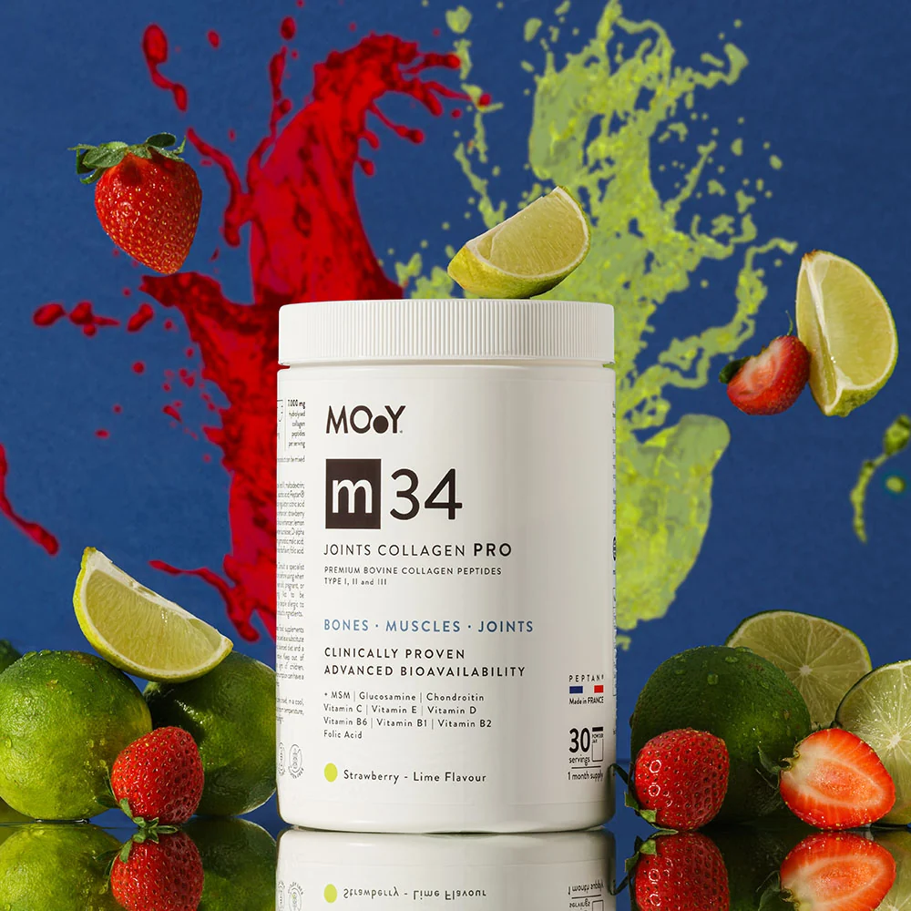 m34 PRO Colagen hidrolizat bovin premium, dovedit clinic, articulatii, 7.000mg tip I, II si III, aroma capsuni si lime, 30...