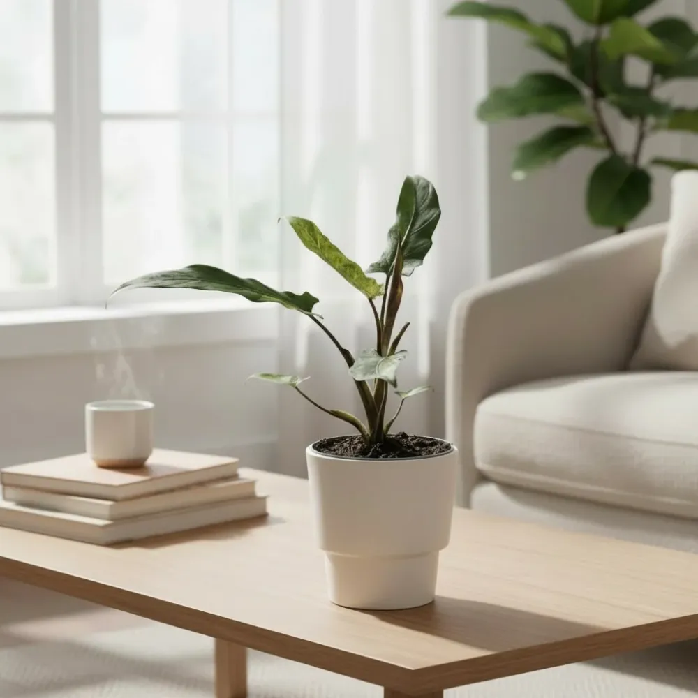 Alocasia lauterbachiana Variegata – frunzis lanceolat cu variegatie spectaculoasa, pentru colectionari