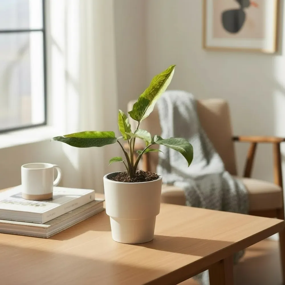 Alocasia lauterbachiana Variegata – frunzis lanceolat cu variegatie spectaculoasa, pentru colectionari