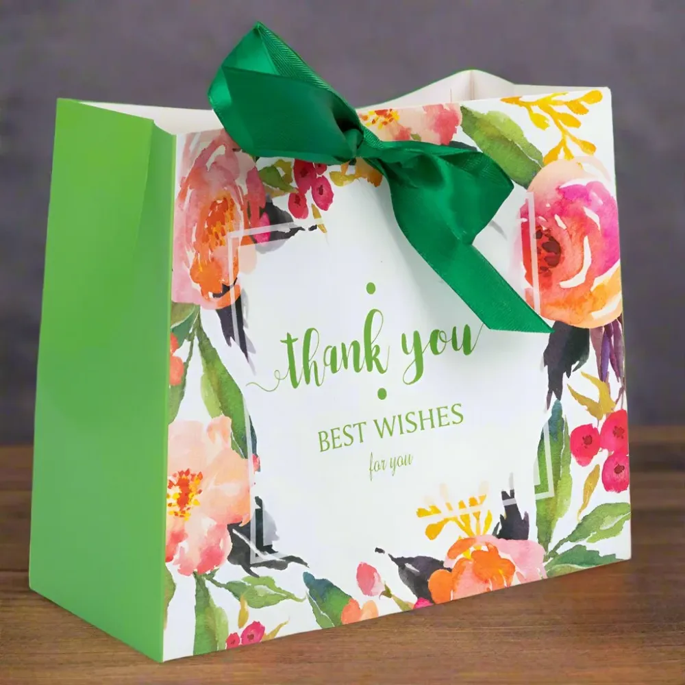 Pungă dreptunghiulară din hârtie Thank you cu model floral și panglică - verde (set 12 buc) - 16x14x7cm