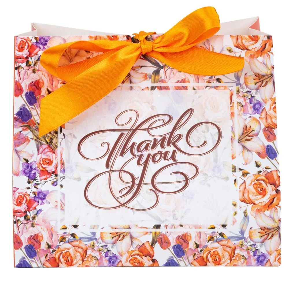 Pungă dreptunghiulară din hârtie Thank you cu model floral și panglică - portocaliu (set 12 buc) - 16x14x7cm