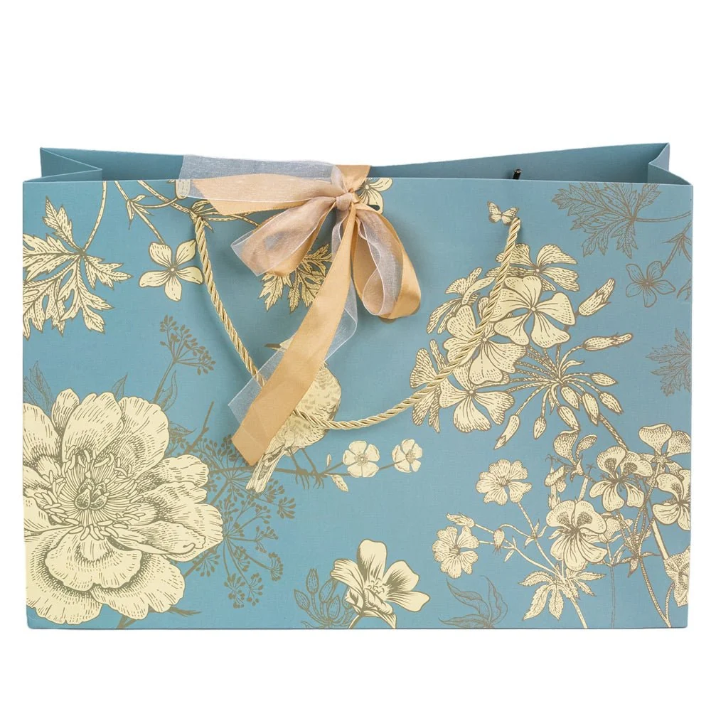 Pungă model floral cu 2 panglici colorate și mâner din sfoară - turcoaz (set 10 buc) 36x12x24cm