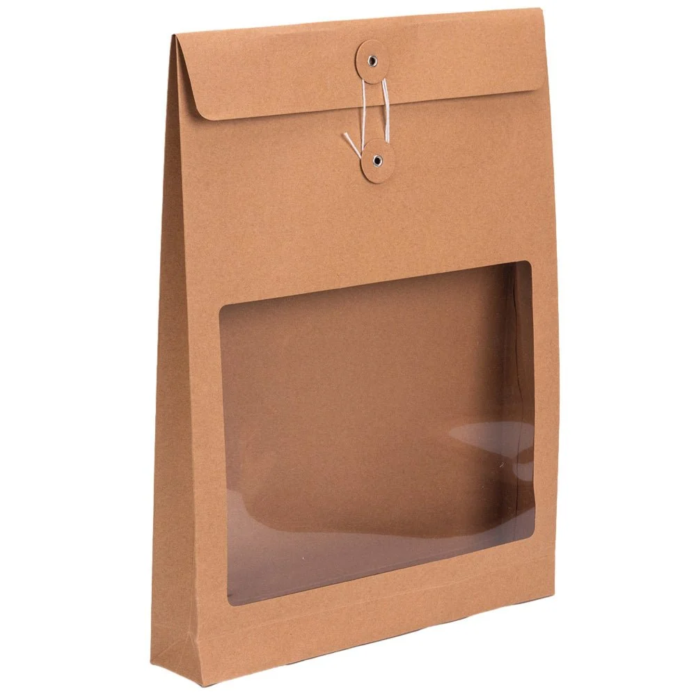 Pungă stand up cu fereastră și închidere cu sfoară - kraft (set 10 buc) 36x27x5cm