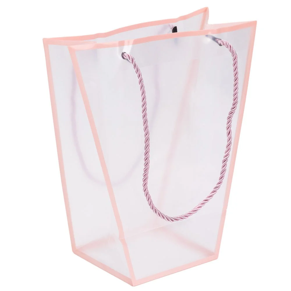 Pungă trapez din plastic cu mânere din sfoară - roz (set 10 buc) 26x24x12cm