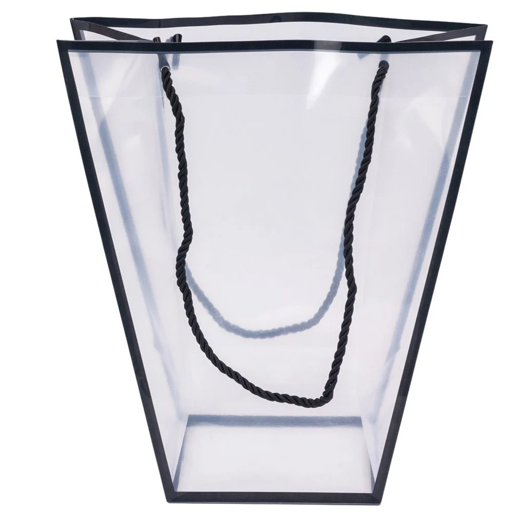 Pungă trapez din plastic cu mânere din sfoară - negru (set 10 buc) 26x24x12cm