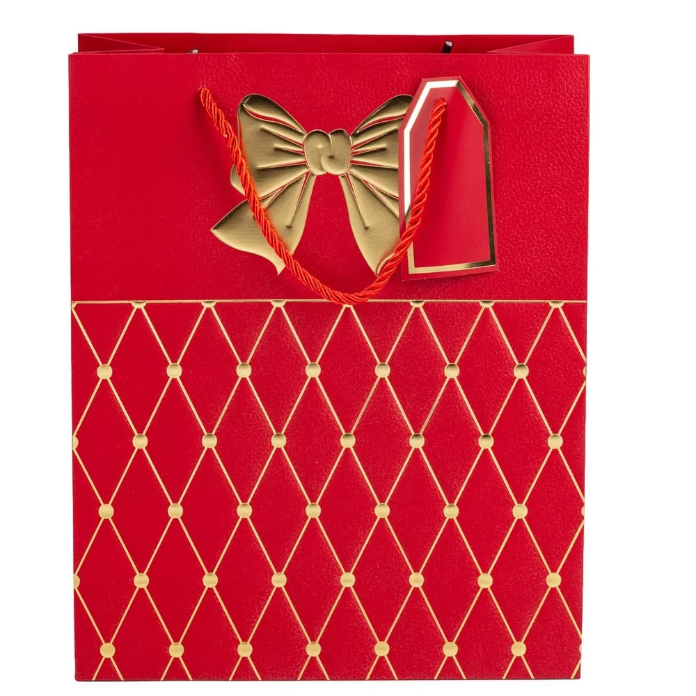 Pungi cadou cu mâner model fundă și romburi aurii 31x42x12cm - roșu (set 12 buc)