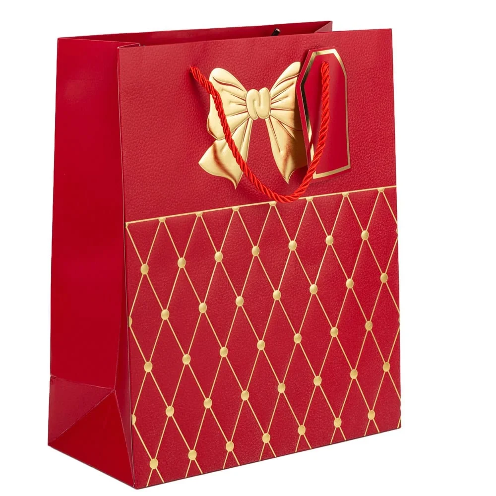 Pungi cadou cu mâner model fundă și romburi aurii 31x42x12cm - roșu (set 12 buc)