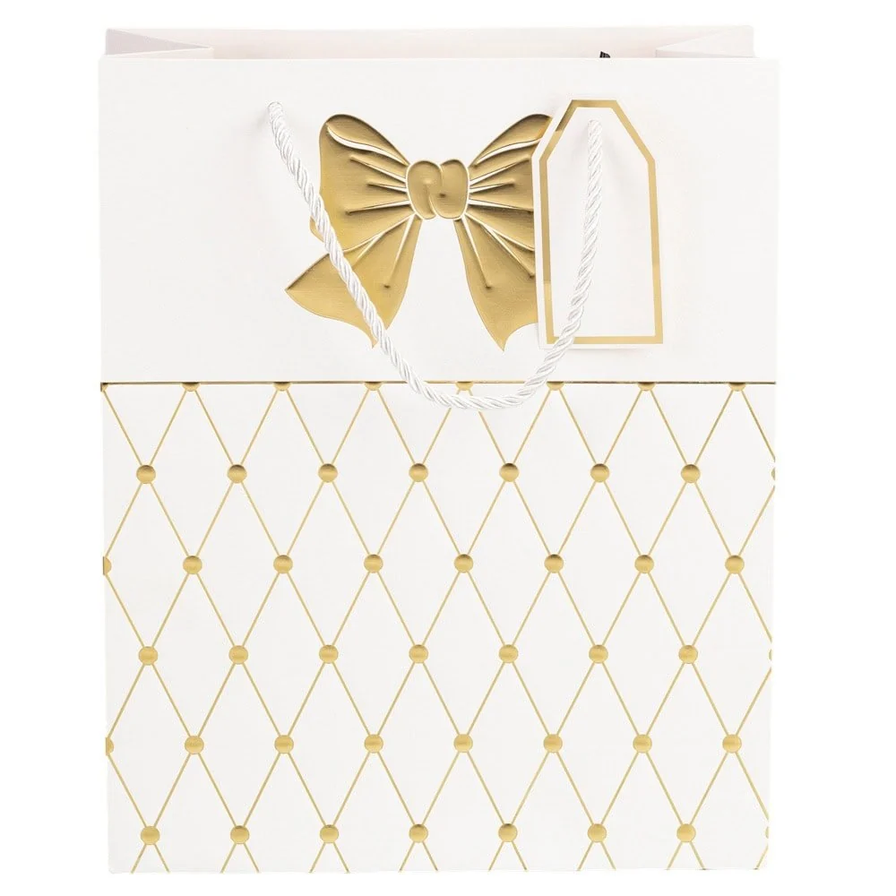 Pungi cadou cu mâner model fundă și romburi aurii 26x32x12cm - alb (set 12 buc)
