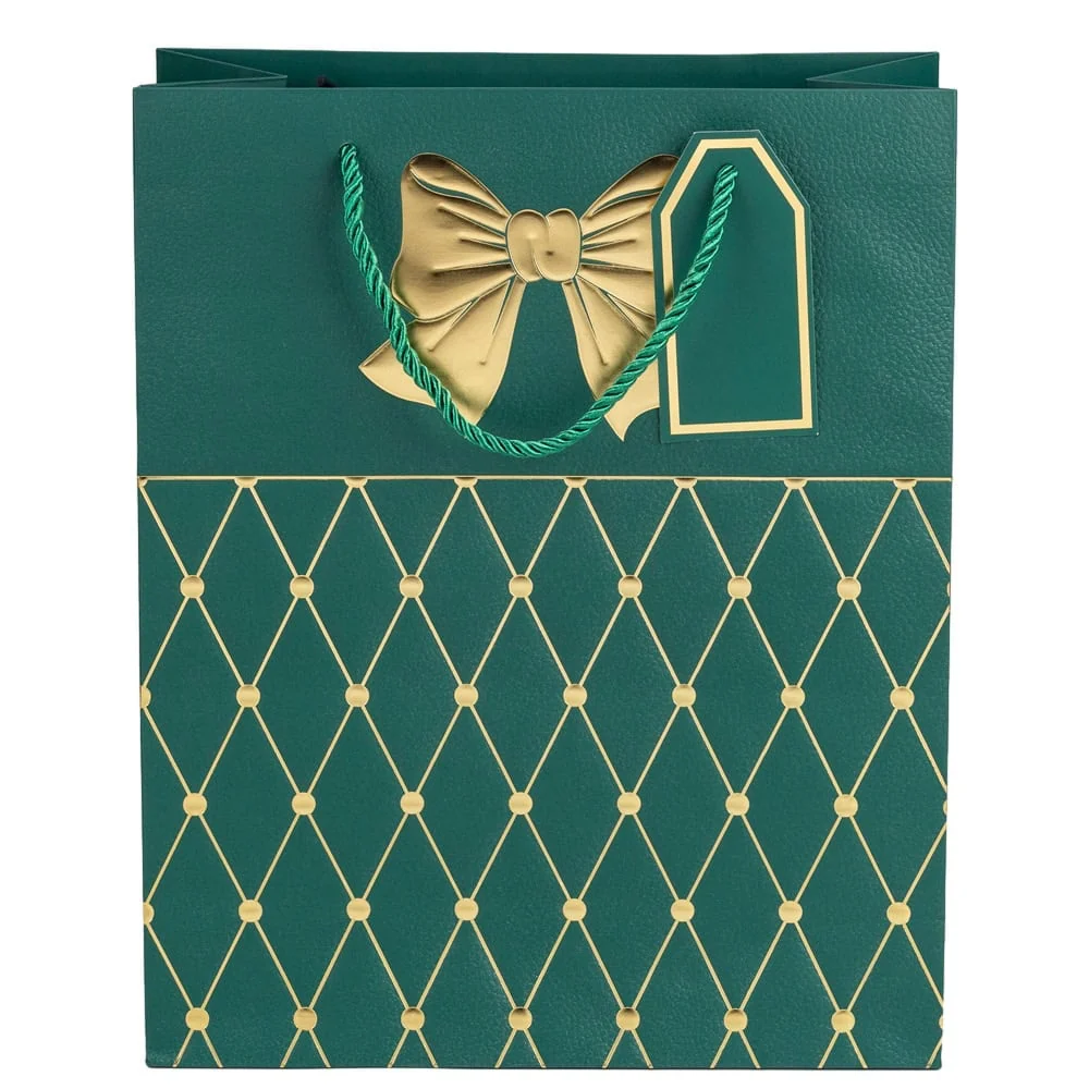 Pungi cadou cu mâner model fundă și romburi aurii 15x12x7cm - verde închis (set 12 buc)
