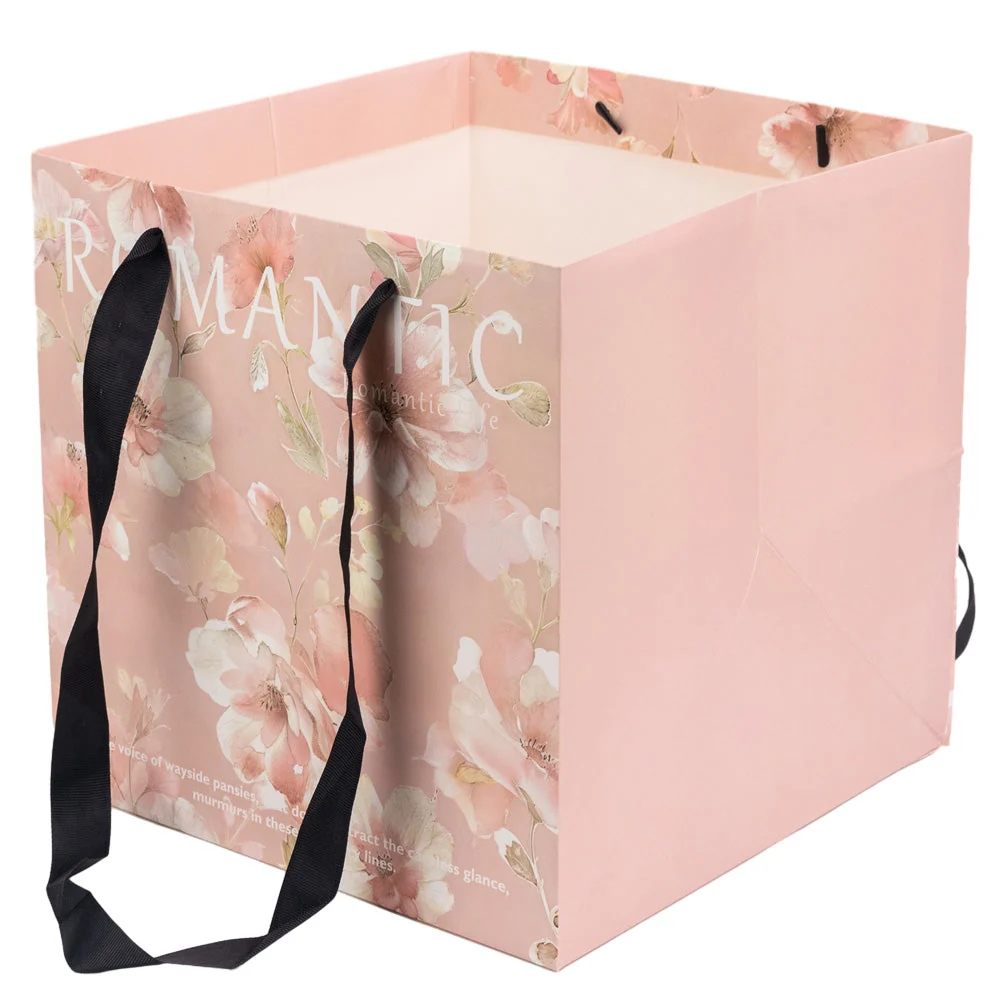 Sacoșă pătrată cu mesaj și mâner textil - roz (set 10 buc) 27.5x27.5cm