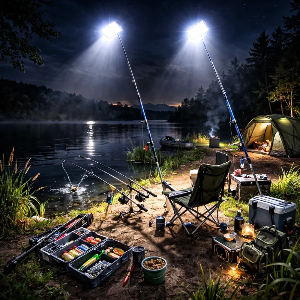 Kit Nocturna eLIVE FR-04, Proiector Camping LED 47W 4558lm, Waterproof, Brat Telescopic Ajustabil 4,5m, 3 Adaptoare 220V,...