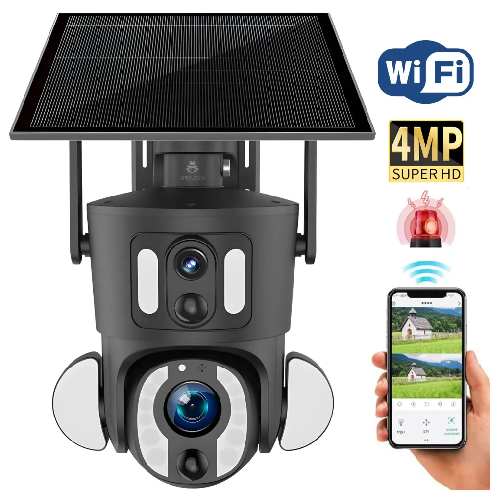 Camera de supraveghere dubla, Q32, WIFI, 4MP, PTZ, CCTV, IP 66, panou solar 9W, vedere panoramica 360º, detectare AI, nigh...