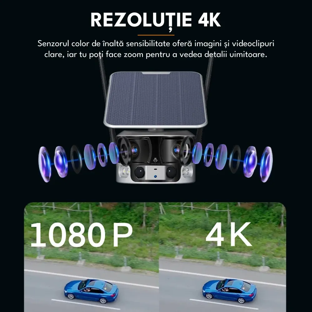 Camera de supraveghere cu incarcare solara, WIFI, 4K, 8MP, detectie umana AI, vizualizare panoramica 180°, senzor miscare,...
