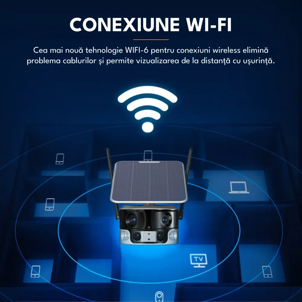 Camera de supraveghere cu incarcare solara, WIFI, 4K, 8MP, detectie umana AI, vizualizare panoramica 180°, senzor miscare,...