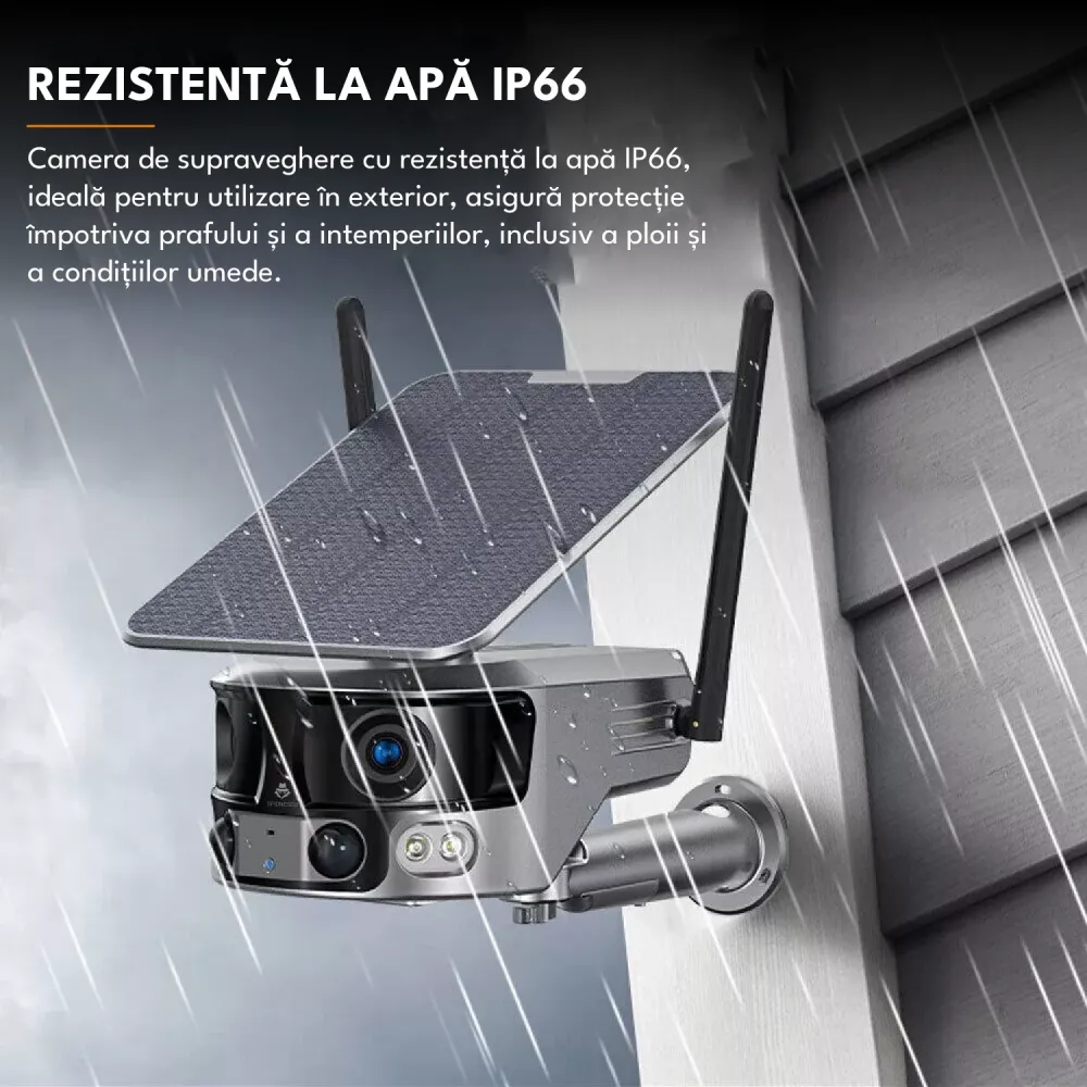 Camera de supraveghere cu incarcare solara, WIFI, 4K, 8MP, detectie umana AI, vizualizare panoramica 180°, senzor miscare,...