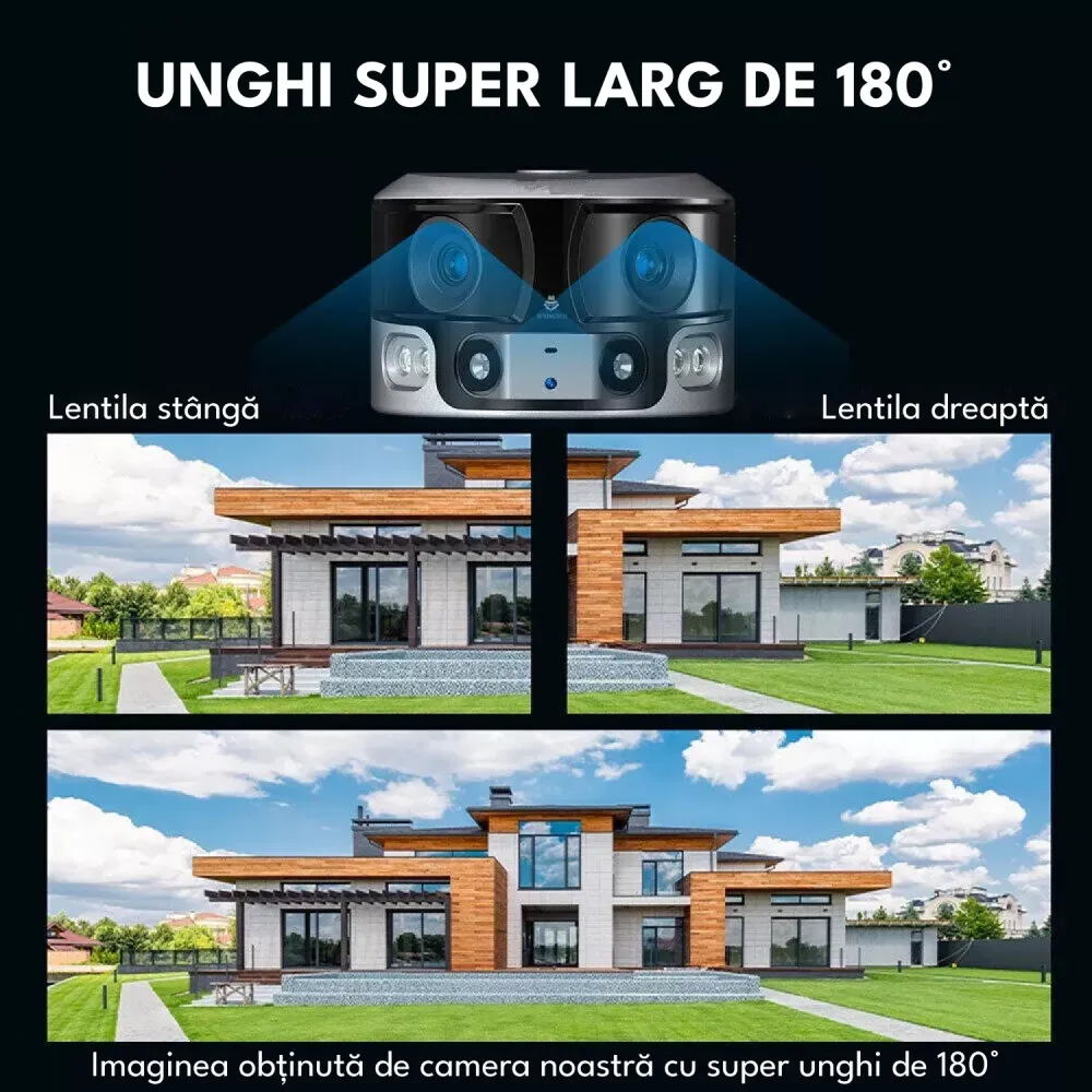 Camera de supraveghere cu incarcare solara, WIFI, 4K, 8MP, detectie umana AI, vizualizare panoramica 180°, senzor miscare,...