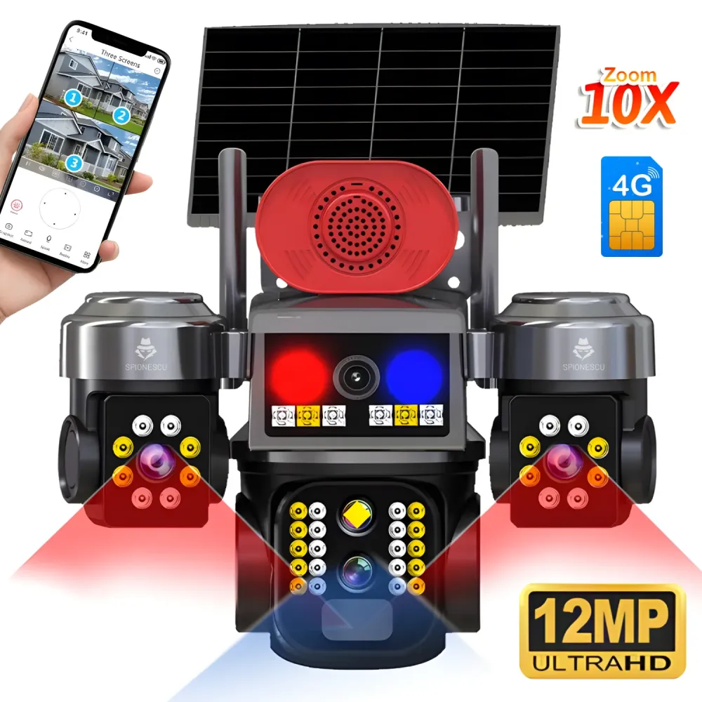 Camera de supraveghere cu panou solar, 4G, 12MP, zoom 10X, 3 lentile PTZ, detectie miscare PIR, viziune nocturna color, au...