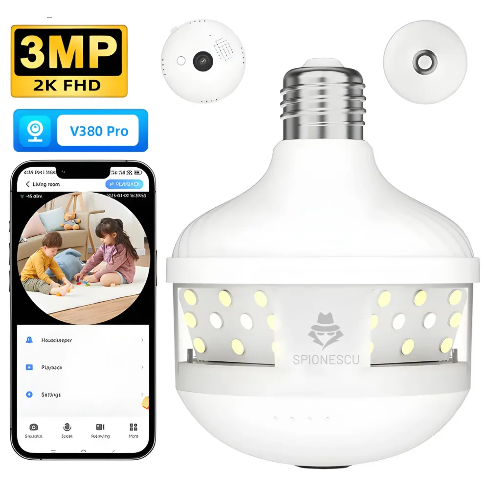 Camera de supraveghere tip bec, D8, WiFi, 360°, rezolutie 3MP, viziune nocturna color, audio bidirectional, alarma sonora...