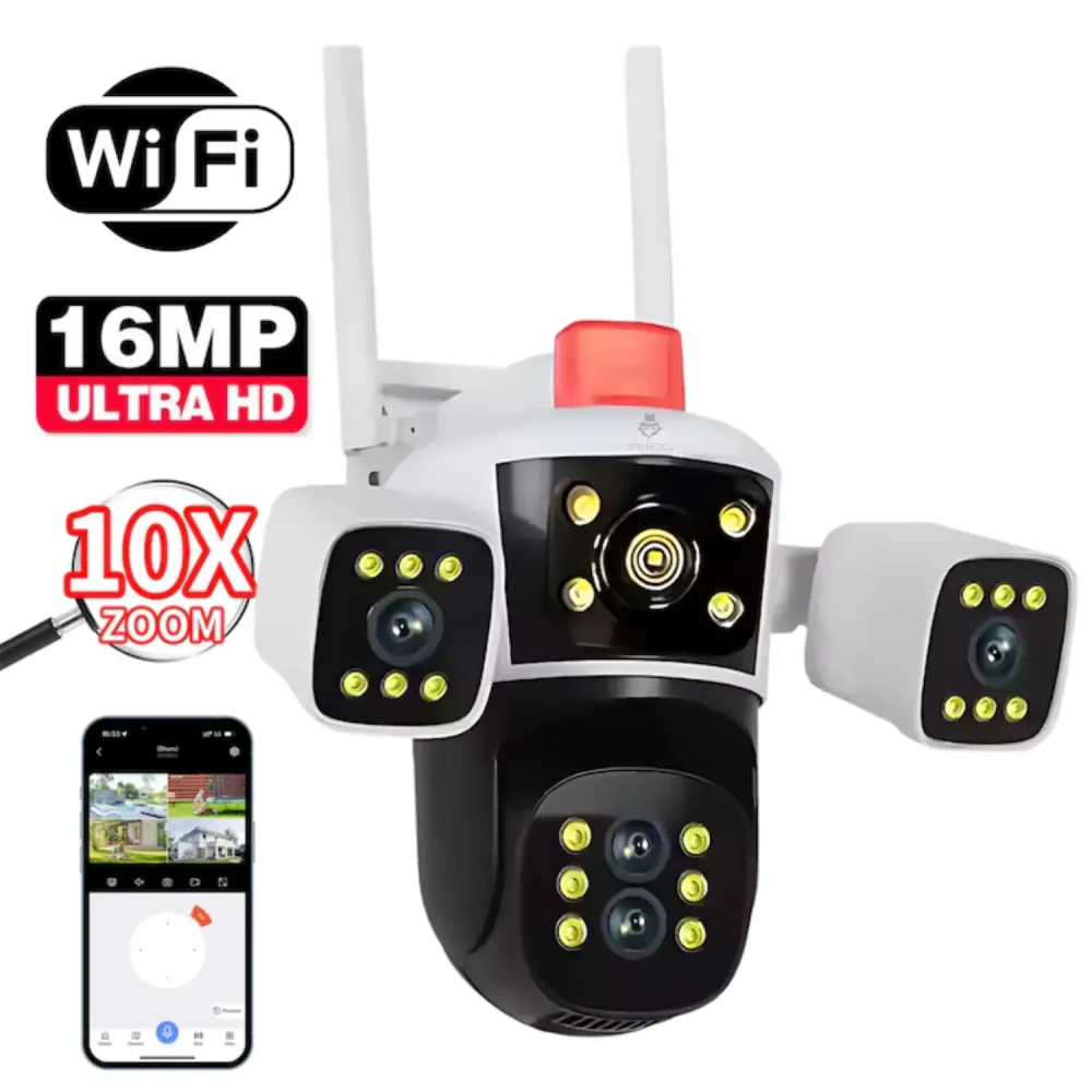 Camera de supraveghere tripla, P8, 16MP, 360 grade, ultra HD 4K, Wi-Fi, vedere nocturna, senzor de miscare, stocare SD/clo...