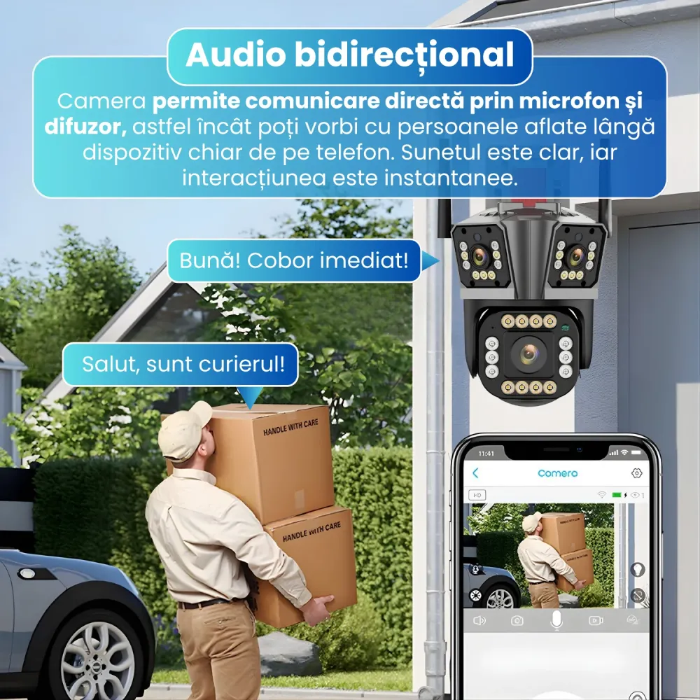 Camera de supraveghere tripla 5K, WIFI, 12MP, 32 GB, PTZ, CCTV, zoom 10x