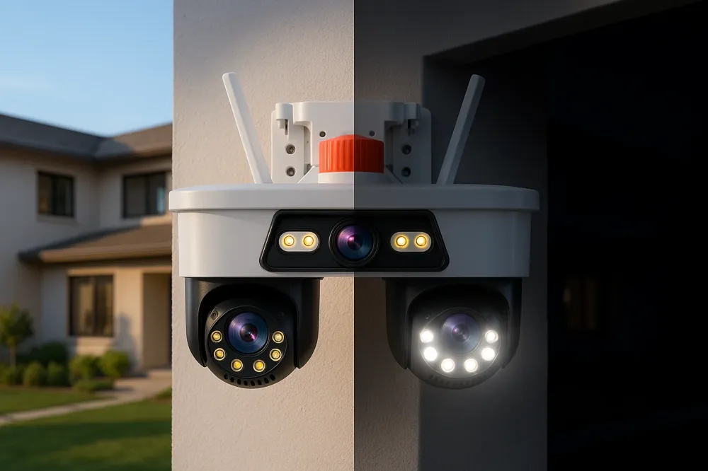 Camera Tripla WiFi/LAN Jortan, 9MP, Dual Head PTZ 355°, Viziune Nocturna Color, Detectare Umana AI, IP66