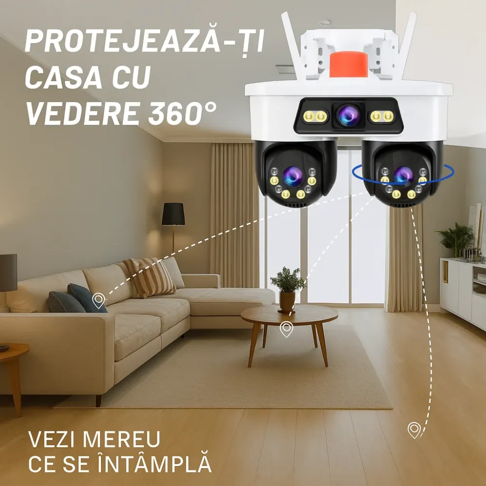 Camera Tripla WiFi/LAN Jortan, 9MP, Dual Head PTZ 355°, Viziune Nocturna Color, Detectare Umana AI, IP66