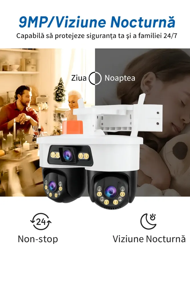 Camera Tripla WiFi/LAN Jortan, 9MP, Dual Head PTZ 355°, Viziune Nocturna Color, Detectare Umana AI, IP66
