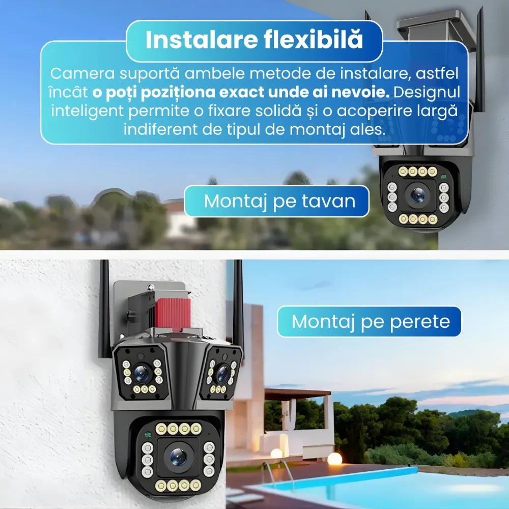RESIGILAT - Camera de supraveghere tripla 5K, WIFI, 12MP, 32 GB, PTZ, CCTV, zoom 10x