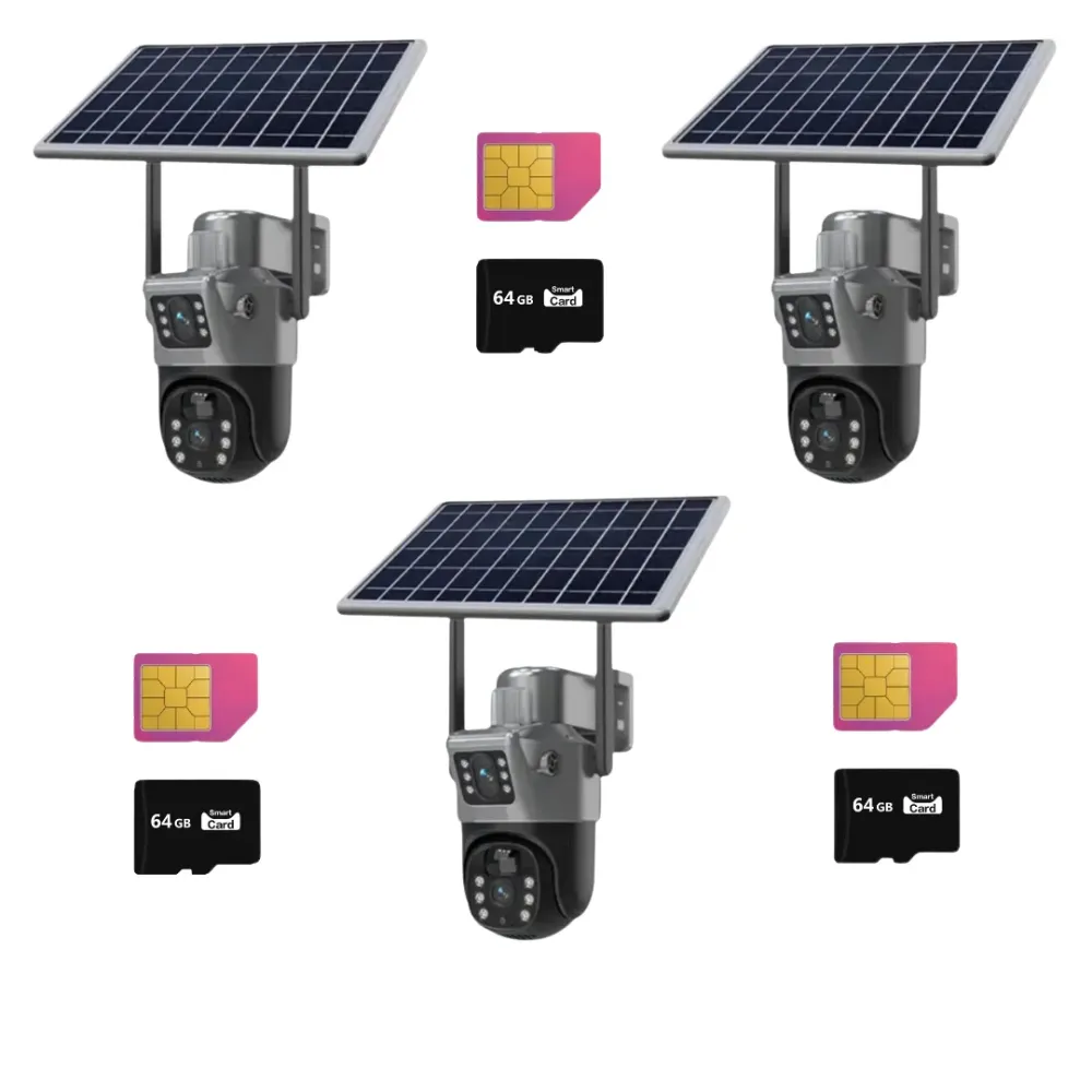SET 3x Camere Duble 4G cu Panou Solar, 8MP Viziune Nocturna, IP66 + 3x Card 64GB