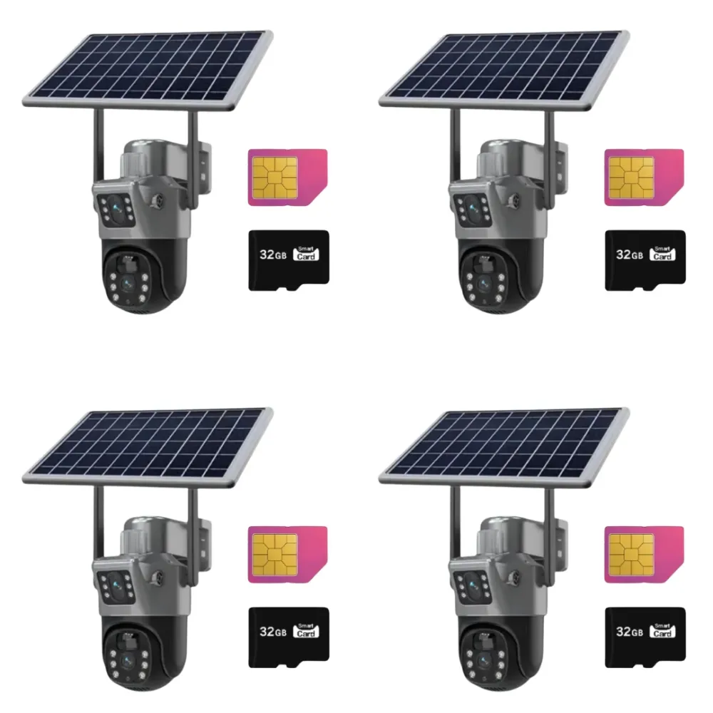 SET 4x Camere 4G Solare Duble 8MP, cu Detectare Umana PIR, Viziune Nocturna Color, IP66 + 4x Card 32GB