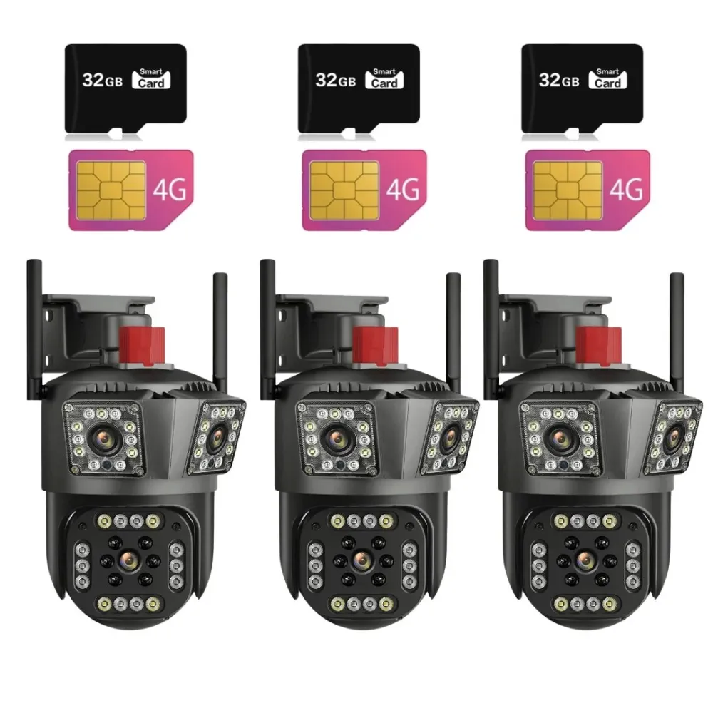 Set 3x Camere Triple 4G/Cablu 6K 12MP, Zoom Digital 8X, AI Motion Detection, Night Vision, PTZ 355°/90°, IP66, 3x Card 32G...