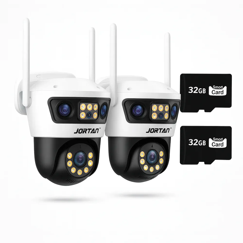 SET 2X Camere WiFi/LAN Tri-Lens Jortan, 9MP IP66, cu Auto-Tracking + 2X Card MicroSD 32GB