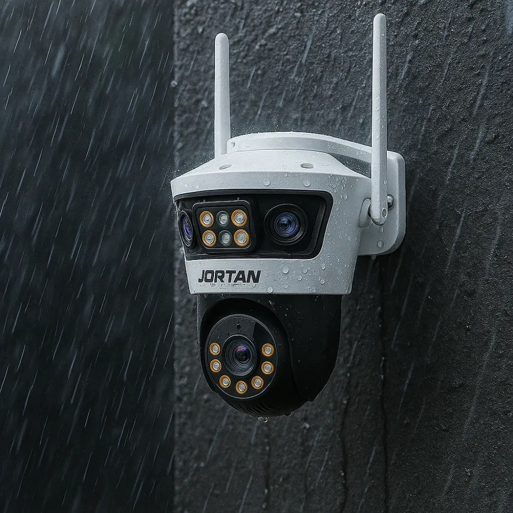 SET 2X Camere WiFi/LAN Tri-Lens Jortan, 9MP IP66, cu Auto-Tracking + 2X Card MicroSD 32GB