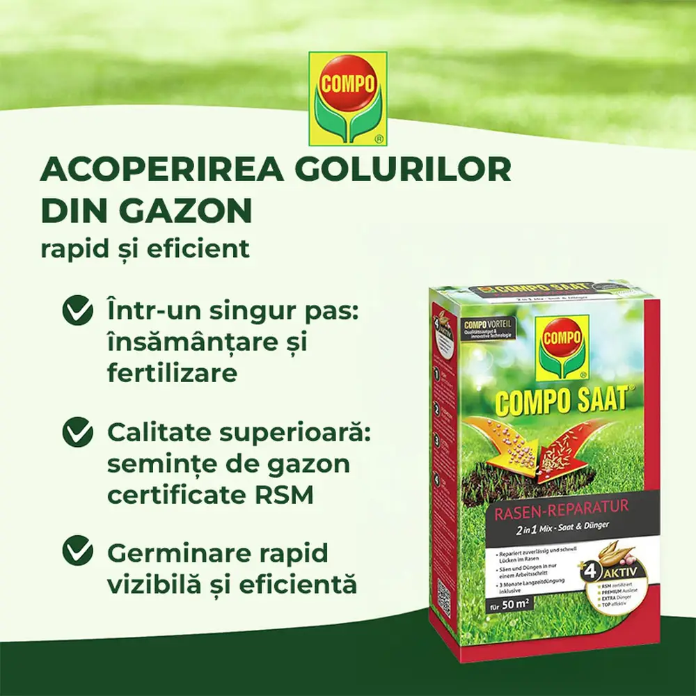 Compo Saat amestec 2in1 pentru insamantare gazon si fertilizare – 1.2 kg pentru 50 mp