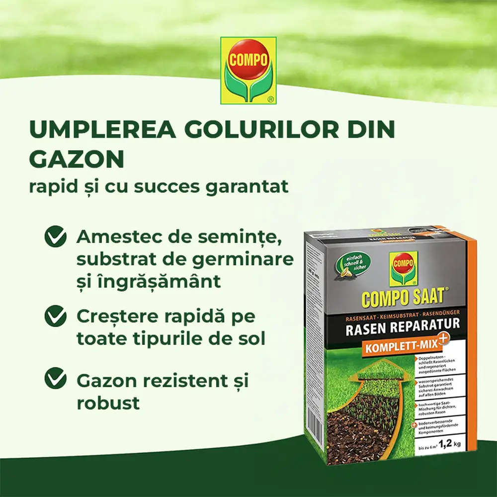 Seminte gazon Compo reparare completa mix 4 kg pentru 20 mp cu substrat si ingrasamant inclus
