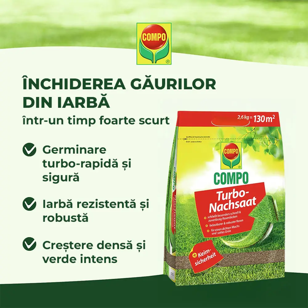 Seminte gazon Compo Turbo regenerare rapida 2.6 kg pentru 130 mp cu germinare sigura si rapida