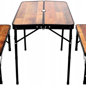 Set mobilier de camping pliabil, masa cu 2 banci, structura otel cu blat MDF, 90x60cm, maro