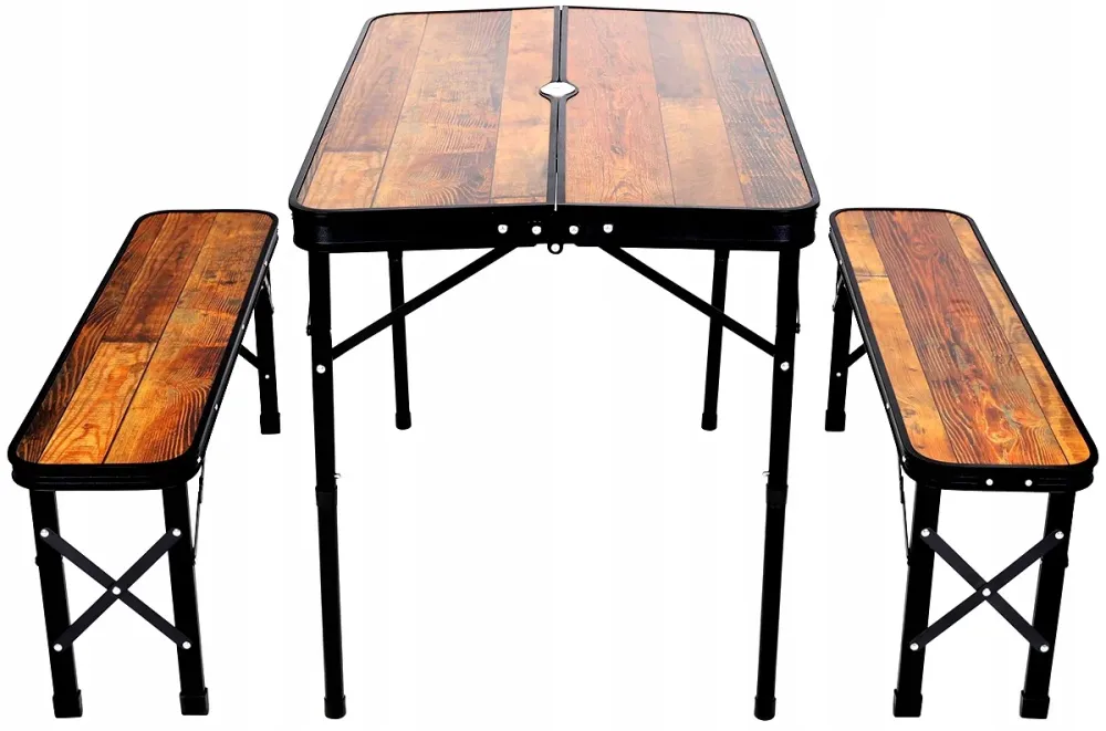 Set mobilier de camping pliabil, masa cu 2 banci, structura otel cu blat MDF, 90x60cm, maro