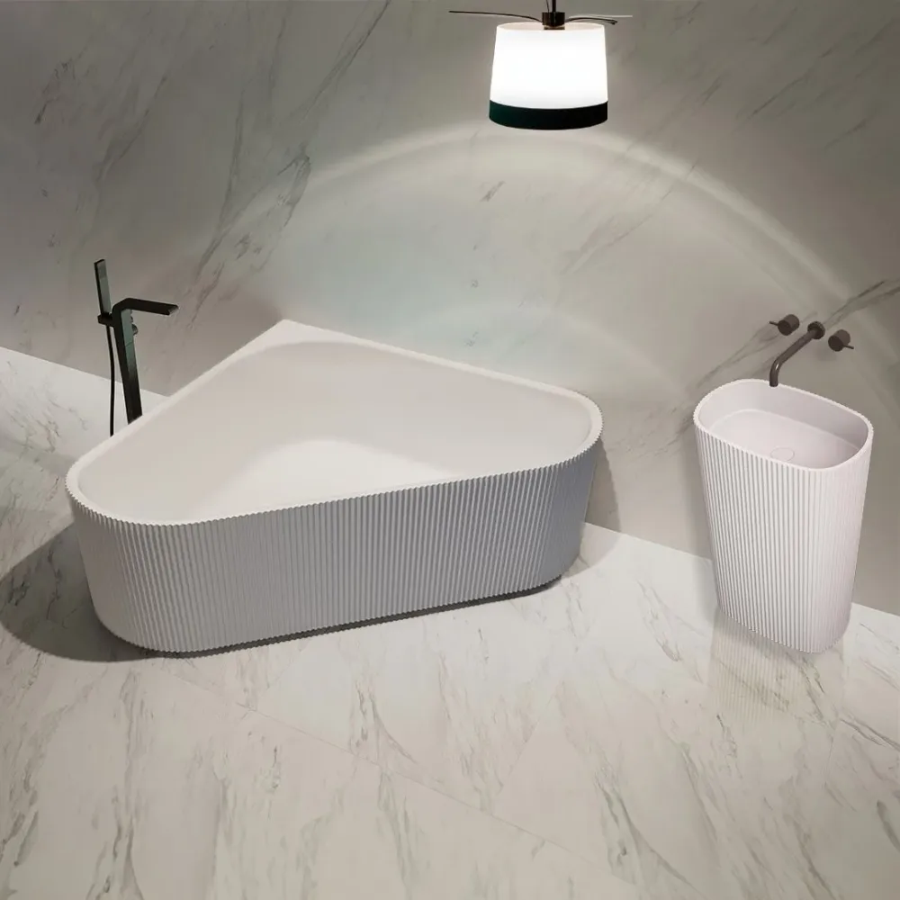 Set baie, cada freestanding de 150 cm din acril, cu lavoar freestanding din compozit, alb, MonBlari
