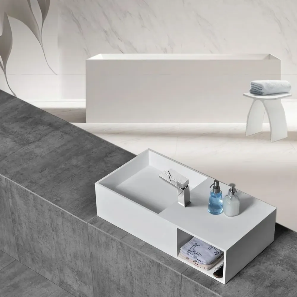 Set baie, cada freestanding de 170 cm, cu lavoar pe blat si scaun, din compozit, alb mat, MonBlari