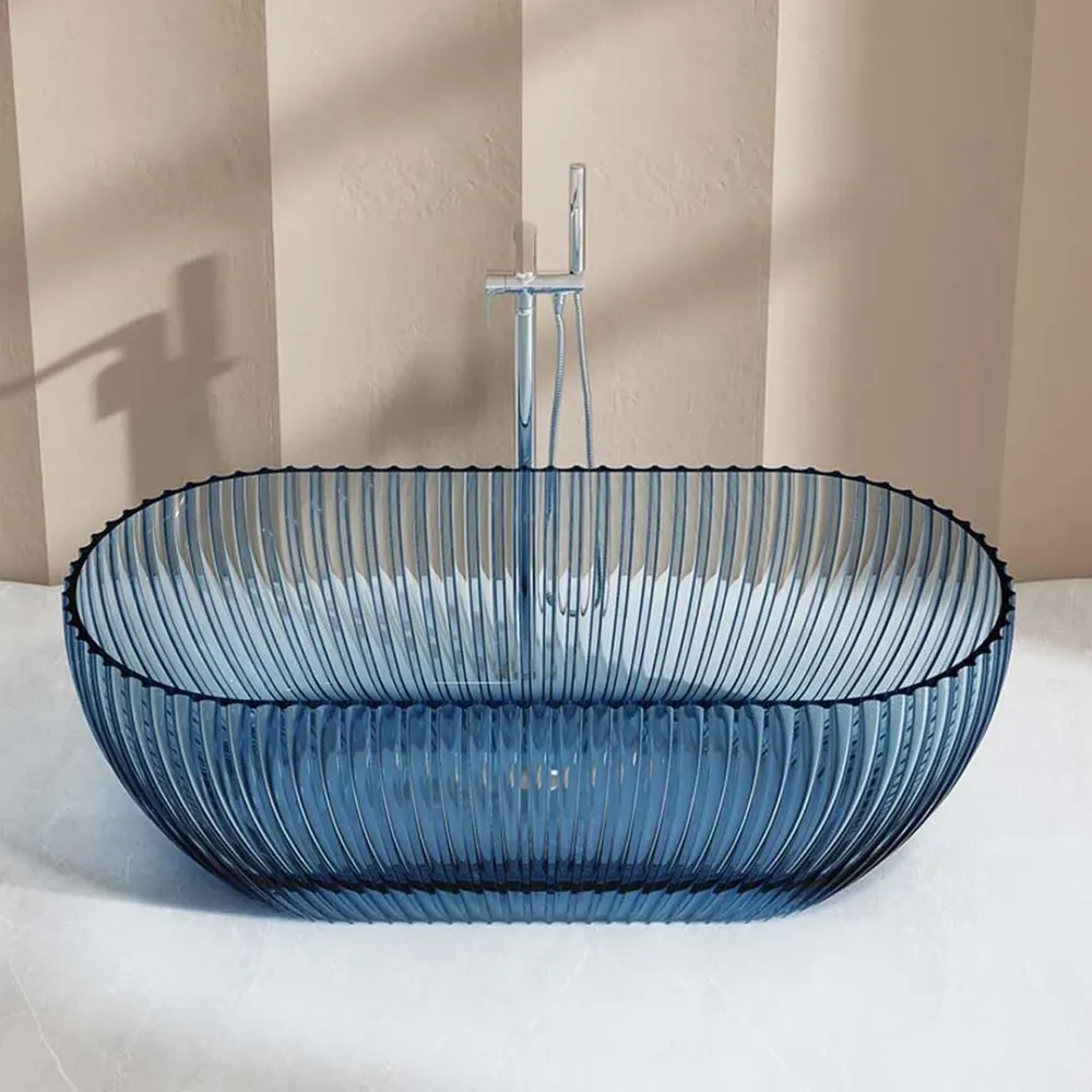 Set baie, cada freestanding si lavoar pe blat, din rasina, albastru transparent, MonBlari
