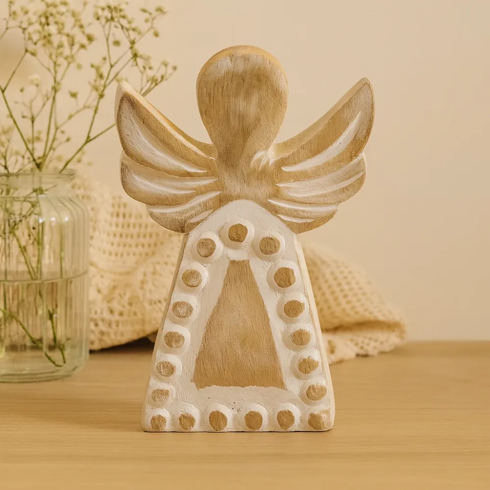 Figurină Înger din Lemn de Mango Albă Spălată, Sculptată Manual