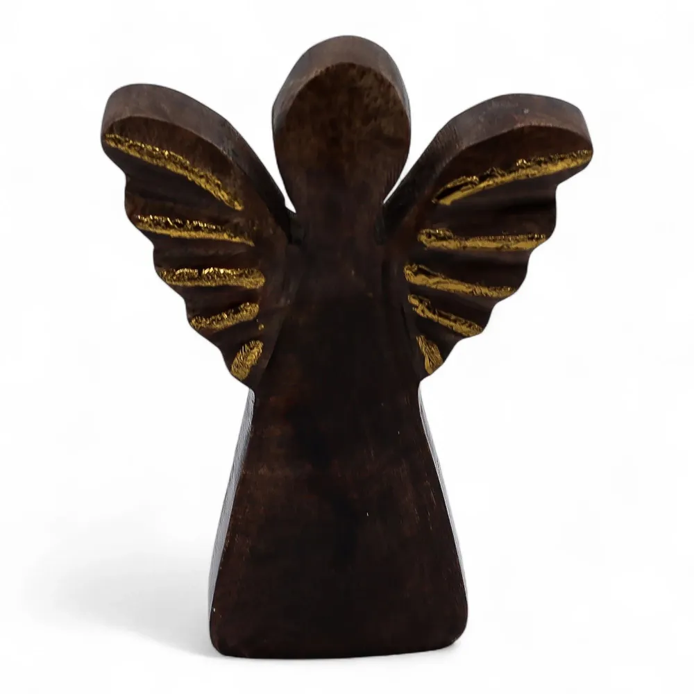 Figurină Înger din Lemn de Mango Sculptată Manual cu Aripi Aurii