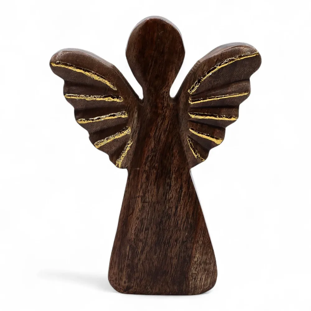 Figurină Înger din Lemn de Mango Sculptată Manual, Aripi Aurii 19cm